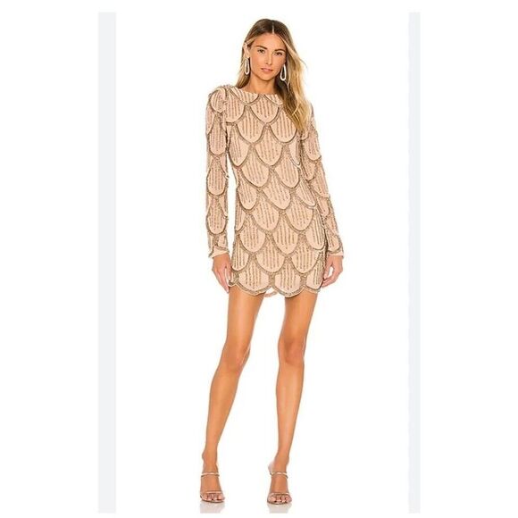 NBD Tristan Sequin Mini Dress Gold Nude Bow Back Revolve NWT $368 SZ L - Picture 2 of 15